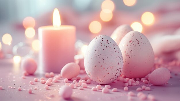 Fondo de Pascua con huevos de Pascua, velas y flores de primavera