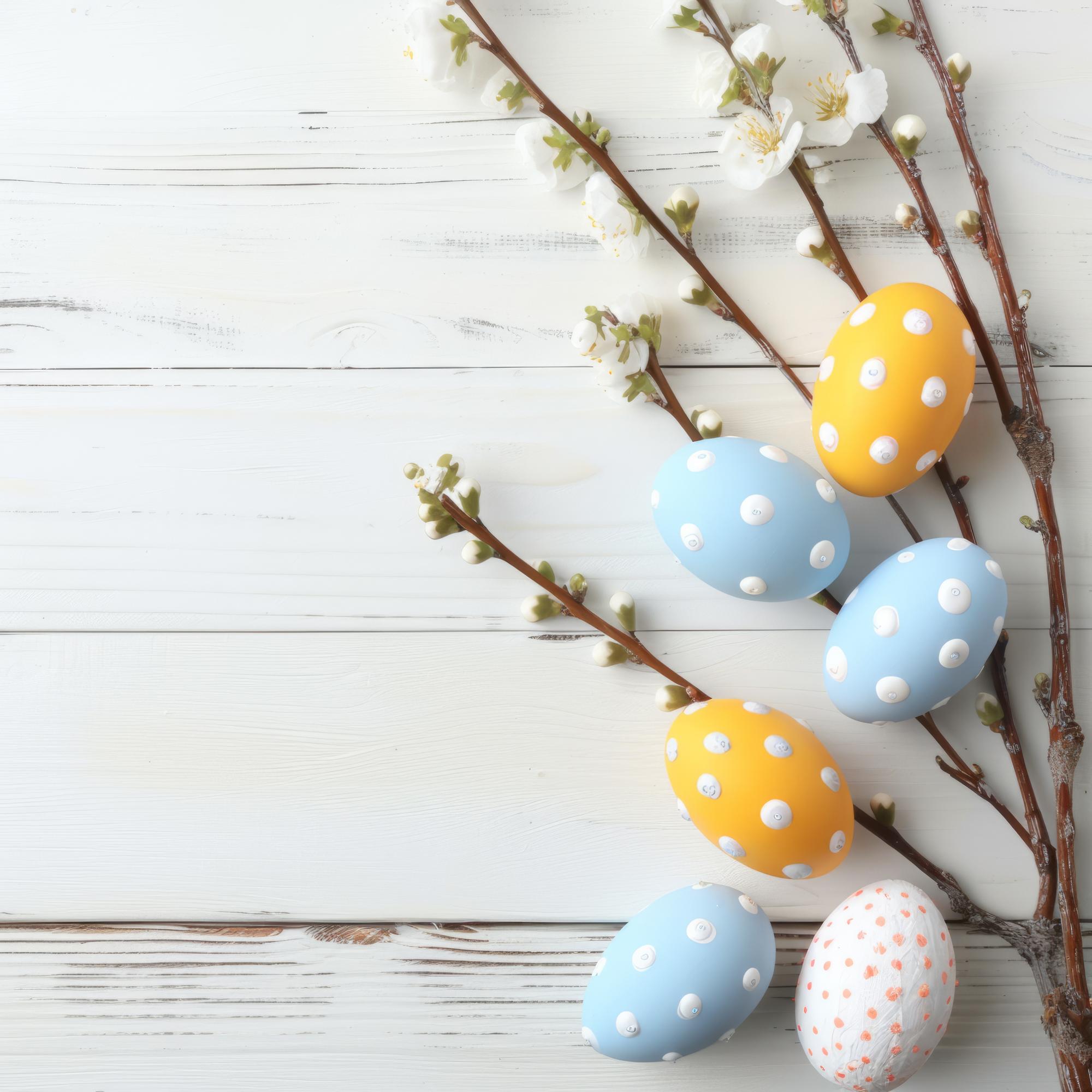 Fondo de Pascua con huevos y ramas de cereza