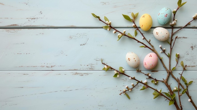 Fondo de Pascua con huevos y ramas de cerezas en flor en el fondo blanco de madera