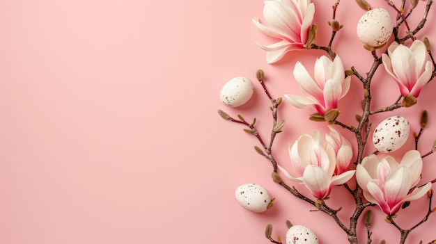 Fondo de Pascua con magnolia rosada en flor y huevo de Pascua