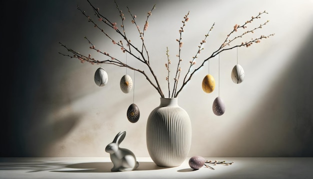Fondo de Pascua minimalista con ramas de sauce en un jarrón huevos de Pascua en un fondo claro