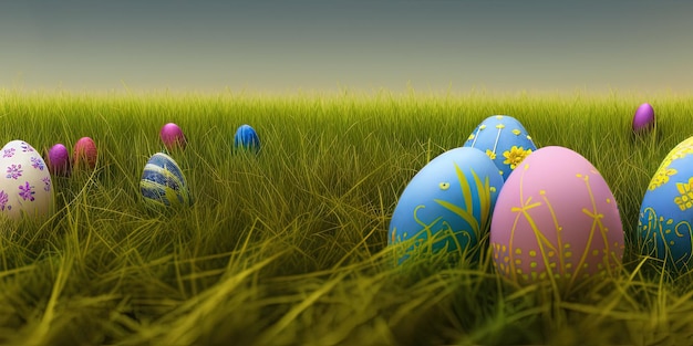 Fondo de Pascua con Pascua decorada en un prado verde en la temporada de primavera Concepto para banner de vacaciones de Pascua