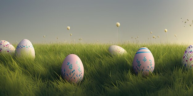 Fondo de Pascua con Pascua decorada en un prado verde en la temporada de primavera Concepto para banner de vacaciones de Pascua