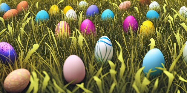 Fondo de Pascua con Pascua decorada en un prado verde en la temporada de primavera Concepto para banner de vacaciones de Pascua