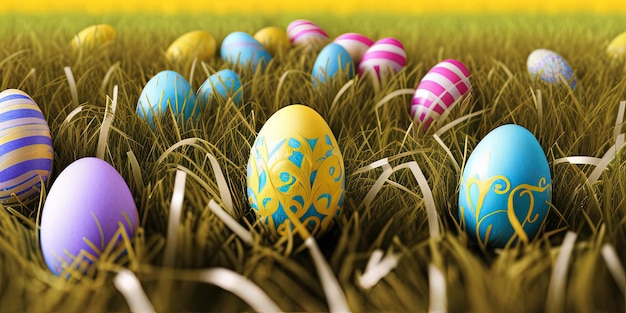 Fondo de Pascua con Pascua decorada en un prado verde en la temporada de primavera Concepto para banner de vacaciones de Pascua