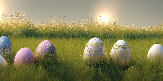 Fondo de Pascua con Pascua decorada en un prado verde en la temporada de primavera Concepto para banner de vacaciones de Pascua