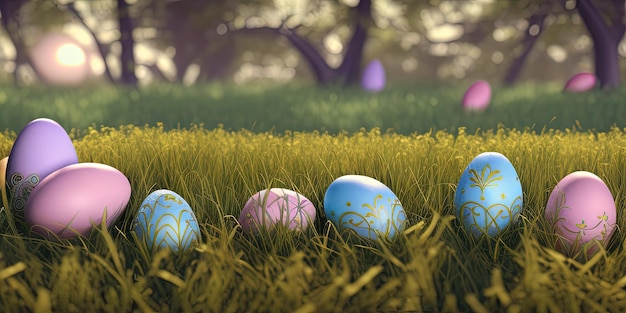 Fondo de Pascua con Pascua decorada en un prado verde en la temporada de primavera Concepto para banner de vacaciones de Pascua