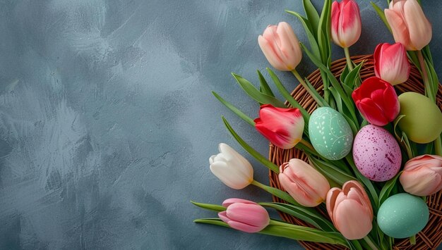 Foto fondo de pascua con tulipanes y huevos de pascua