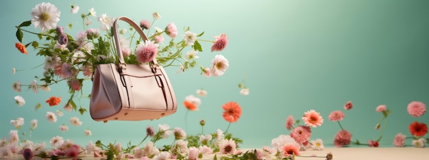 Fondo pastel con bolsa en el aire y flores