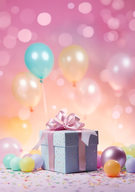 Fondo pastel de caja de regalo con luces de fiesta y globos