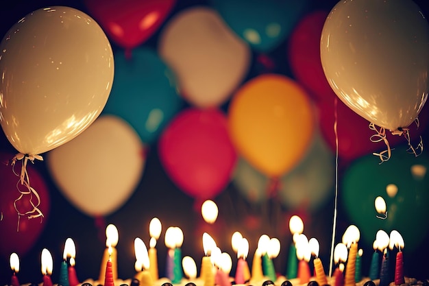 Fondo de un pastel de cumpleaños con velas sobre globos