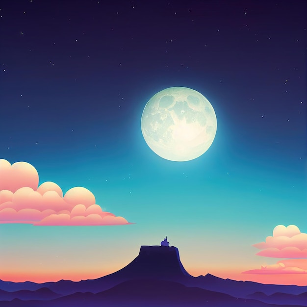 Fondo pastel con paisaje cielo montañas y luna