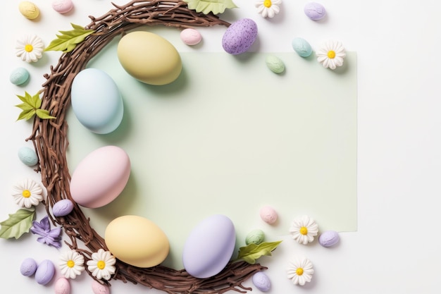 Fondo pastel de Pascua con huevos y flores de Easrer IA generativa