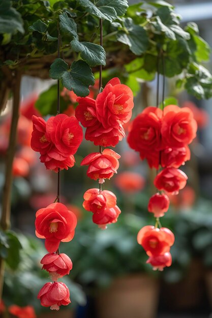 Fondo del patio Flores de begonias bulbosas Flores de begonias bulbosas cuelgan en cuerdas Colgando como filas de campanas de viento Los pétalos son pequeños y hermosos generan ai