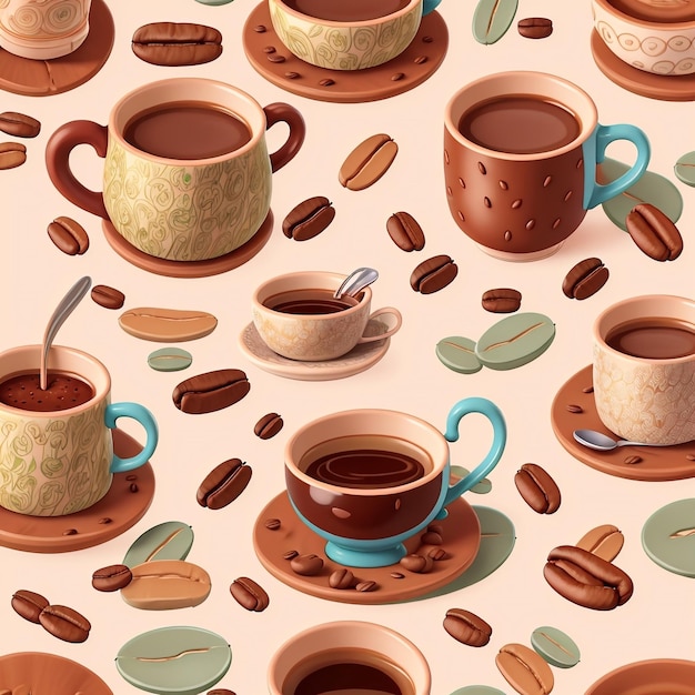 Fondo de patrón de conjunto de tema de café, tazas de café, granos de café, hermoso papel tapiz con impresión de arte realista