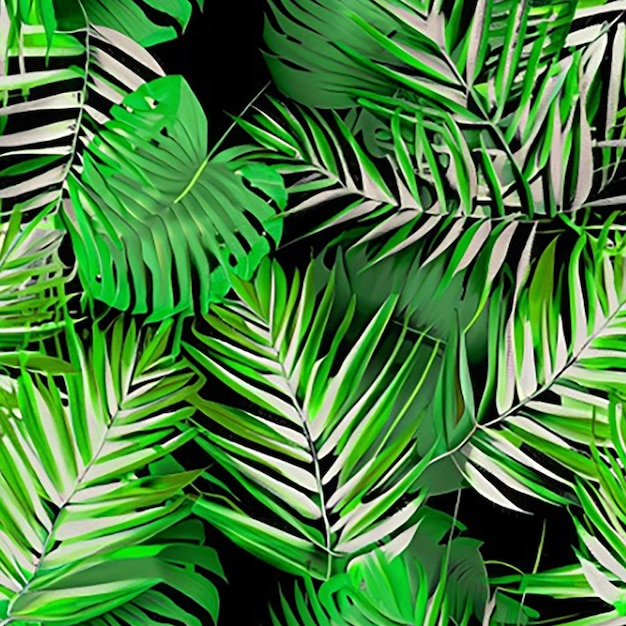 un fondo de patrón sin costuras con una mezcla de follaje verde exuberante que incluye hojas de palma de helechos y hojas de monstera tropical