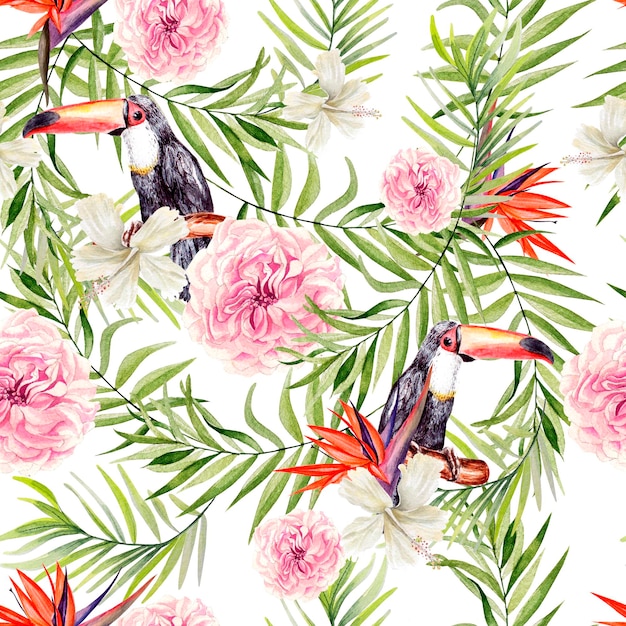 Fondo de patrón floral hermosa selva tropical transparente acuarela con hojas de palma y flores