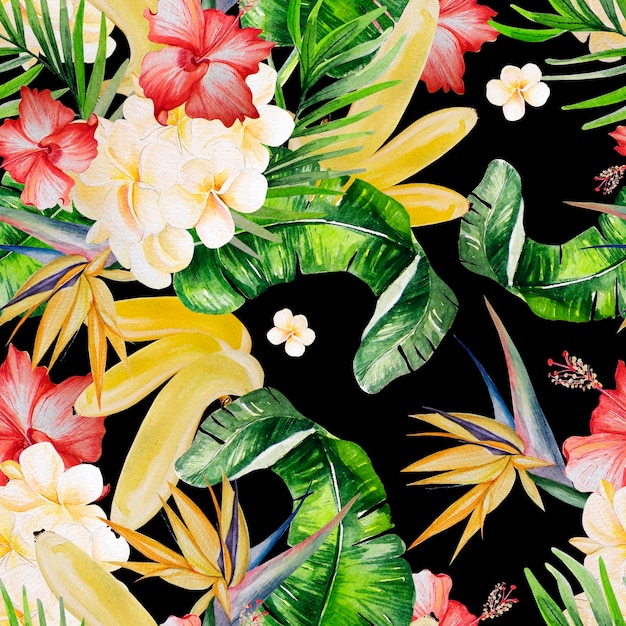 Fondo de patrón floral hermosa selva tropical transparente acuarela con hojas de Palma