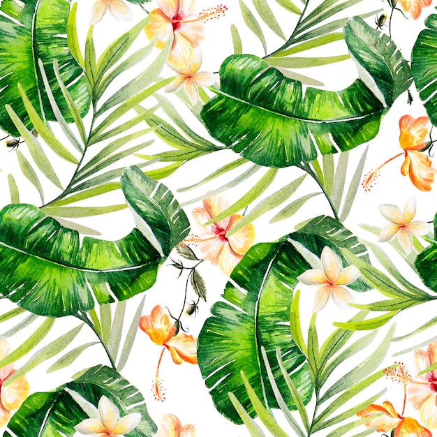 Fondo de patrón floral hermosa selva tropical transparente acuarela con hojas de Palma