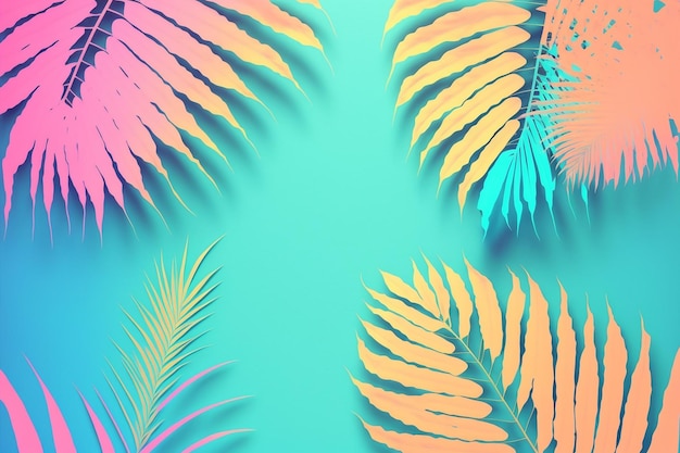 Fondo de patrón floral de hojas de palma de neón colorido tropical con espacio de copia