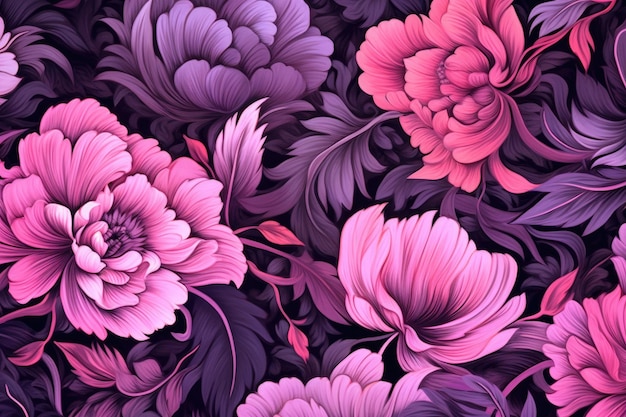 Fondo de un patrón floral transparente en violeta rojo rosa púrpura y negro IA generativa