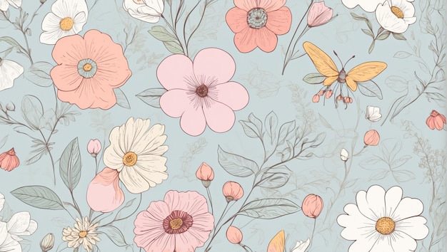 Fondo de un patrón de flores ilustrado en el estilo de dibujo a mano Concepto de primavera