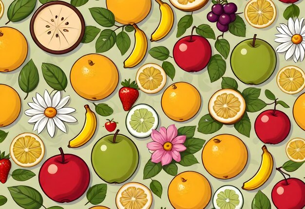 Foto fondo de patrón con frutas orgánicas y objetos diseñados en estilo de dibujos animados