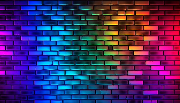 Fondo de patrón de pared de ladrillo con coloridas luces de neón futuristas