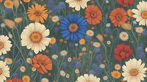 Fondo de patrón textil moderno de naturaleza botánica de tela floral transparente con coloridas flores silvestres