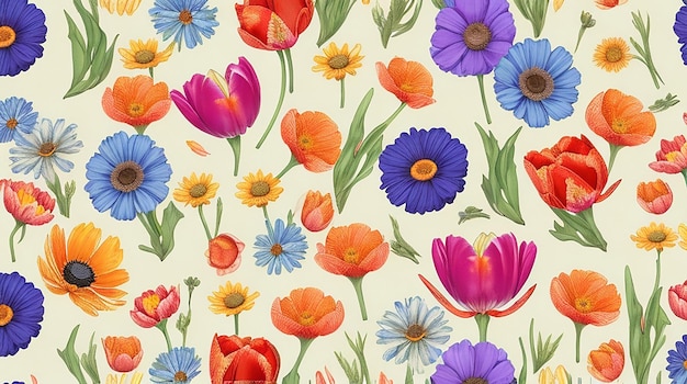 Fondo de patrón textil moderno de naturaleza botánica de tela floral transparente con coloridas flores silvestres