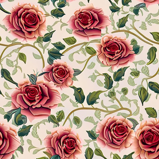 Fondo de patrón textil de naturaleza botánica de tela floral transparente con rosas con vides y hojas