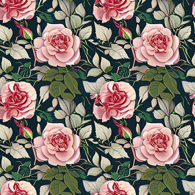 Fondo de patrón textil de naturaleza botánica de tela floral transparente con rosas con vides y hojas