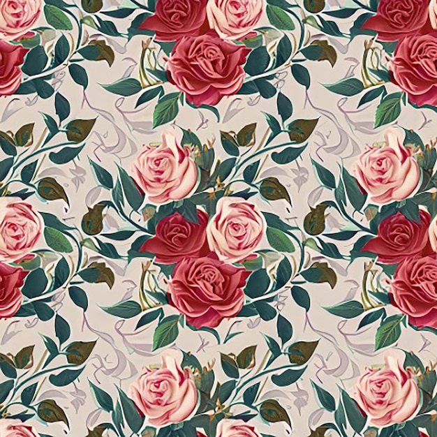 Fondo de patrón textil de naturaleza botánica de tela floral transparente con rosas con vides y hojas