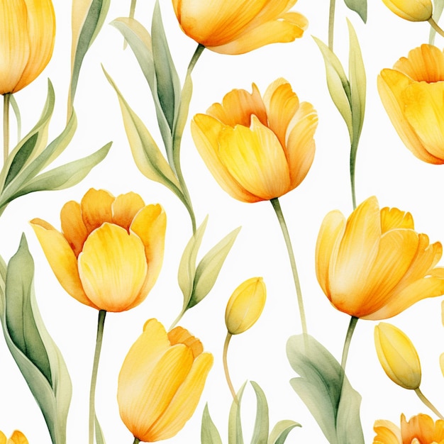 Fondo de patrones sin fisuras de acuarela de flores de tulipán amarillo