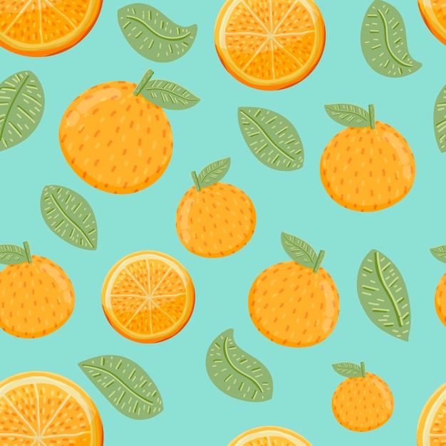 Fondo de patrones sin fisuras de frutas y hojas de naranja en estilo dibujado a mano.
