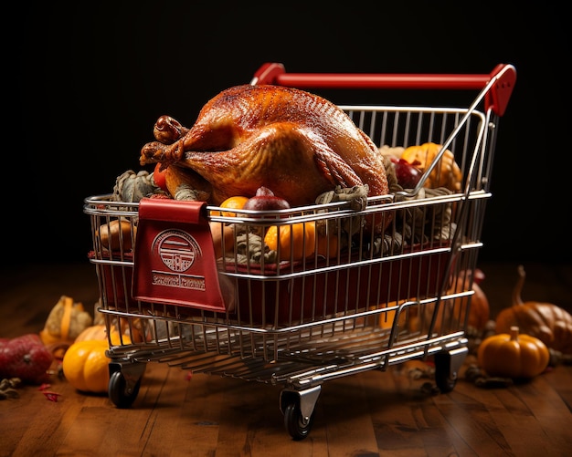 Fondo de pavo de acción de gracias en un carrito de compras