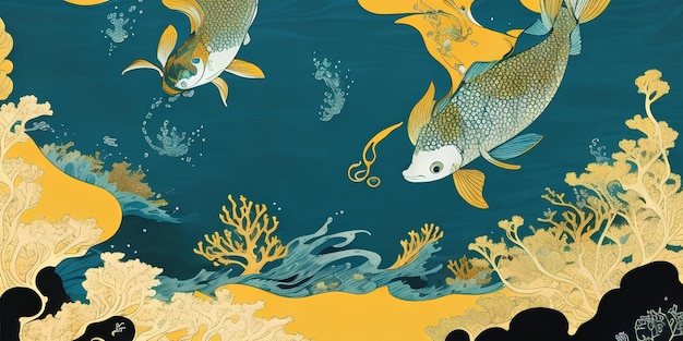 Fondo con peces marinos coral y algas ilustración en colores azul y naranja panel con el océano una imagen del mundo submarino Generación ai
