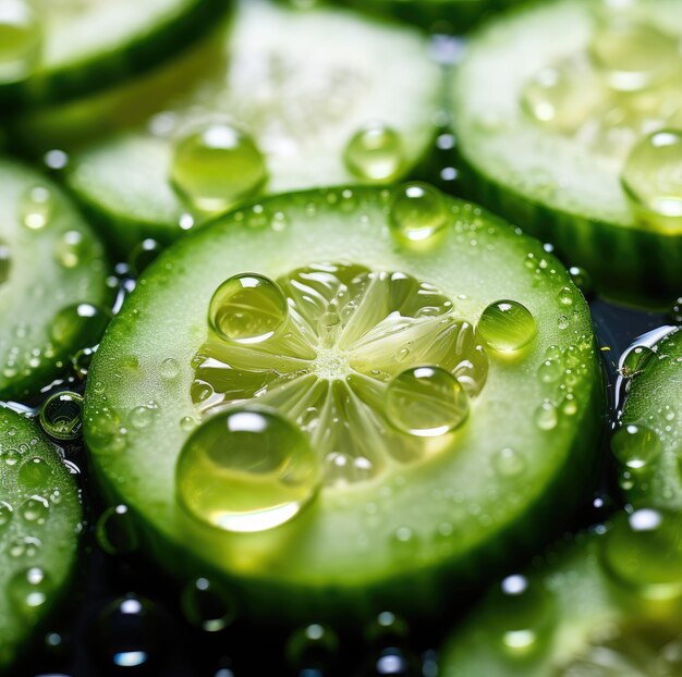 Foto fondo de pepino cortado con gotas de jugo