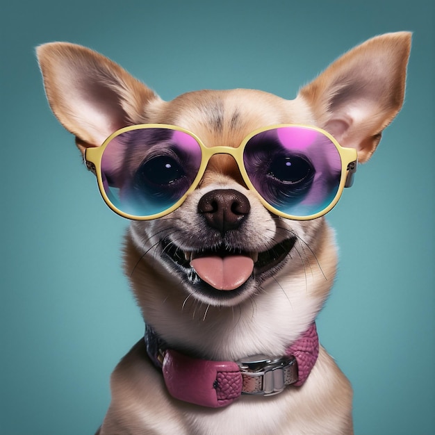 Fondo perro lindo retrato amarillo animal gafas cachorro chihuahua pedigrí mascota IA generativa