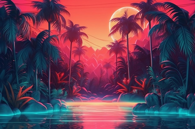 Fondo de perspectiva de una escena de verano con palmeras de agua y colores de neón AI generativo