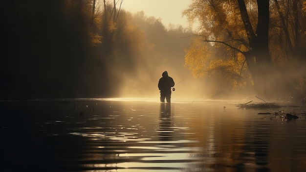 Fondo de pesca de otoño cinematográfico Pescador atrapando en el río salvaje