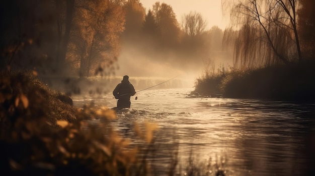 Fondo de pesca de otoño cinematográfico Pescador atrapando en el río salvaje