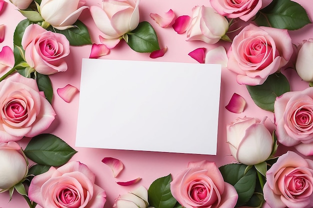 Fondo de pétalos de rosa rosa con una tarjeta en blanco para su mensaje