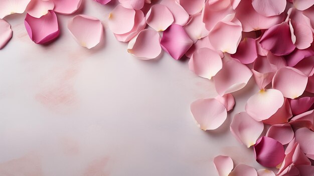 Fondo con pétalos de rosa rosas flores y gotas de agua en un fondo de hormigón