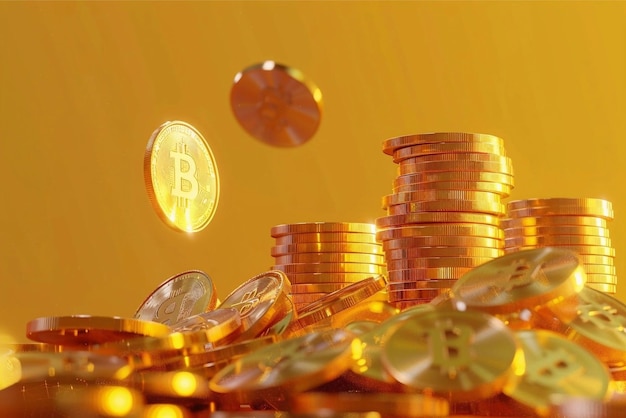 Foto el fondo de la pila de bitcoin de oro 3d