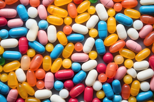 Fondo de píldoras de colores Vista superior de muchas píldoras de colores sobre fondo blanco Fotograma completo de píldoras de cápsulas antimicrobianas de colores generadas por IA