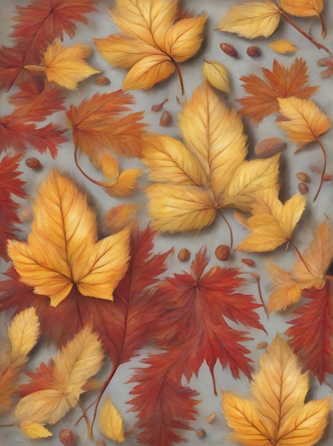 Fondo pintado con flores otoñales que muestra hojas rojas y amarillas en tonos pastel planos Generación de IA generativa