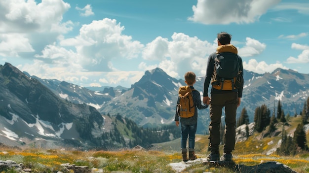 Un fondo pintoresco de un padre y su hijo caminando juntos en las montañas disfrutando de la belleza