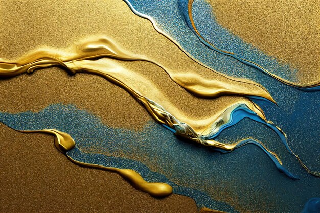 Foto fondo de pintura artística azul y oro fluido.