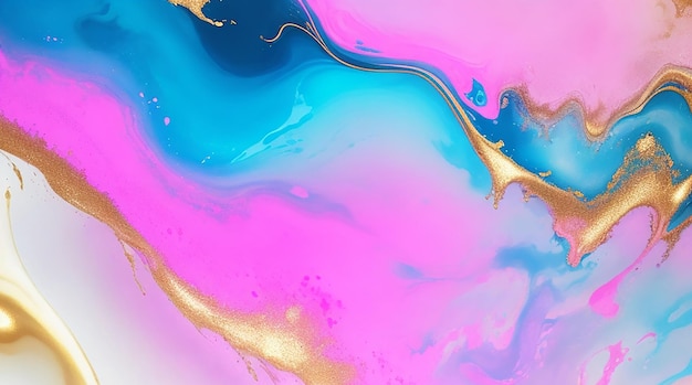 Fondo de pintura de tinta fluida abstracta en colores azul rosa con toques dorados